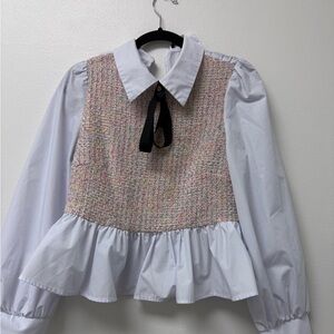 Chic White Blouse with Tweed Vest Overlay Medium Layered Look. Two in one Tweed.